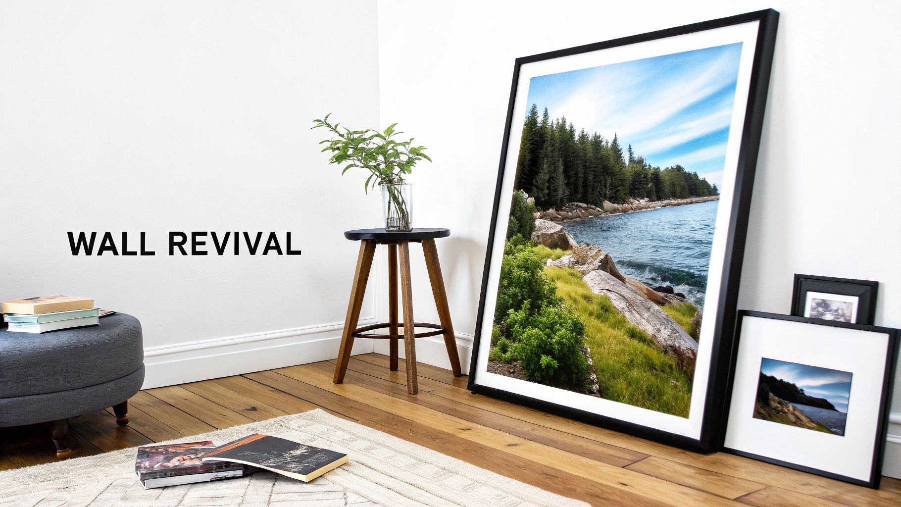 Interior scene with a large framed coastal landscape, smaller framed art, and decorative items.