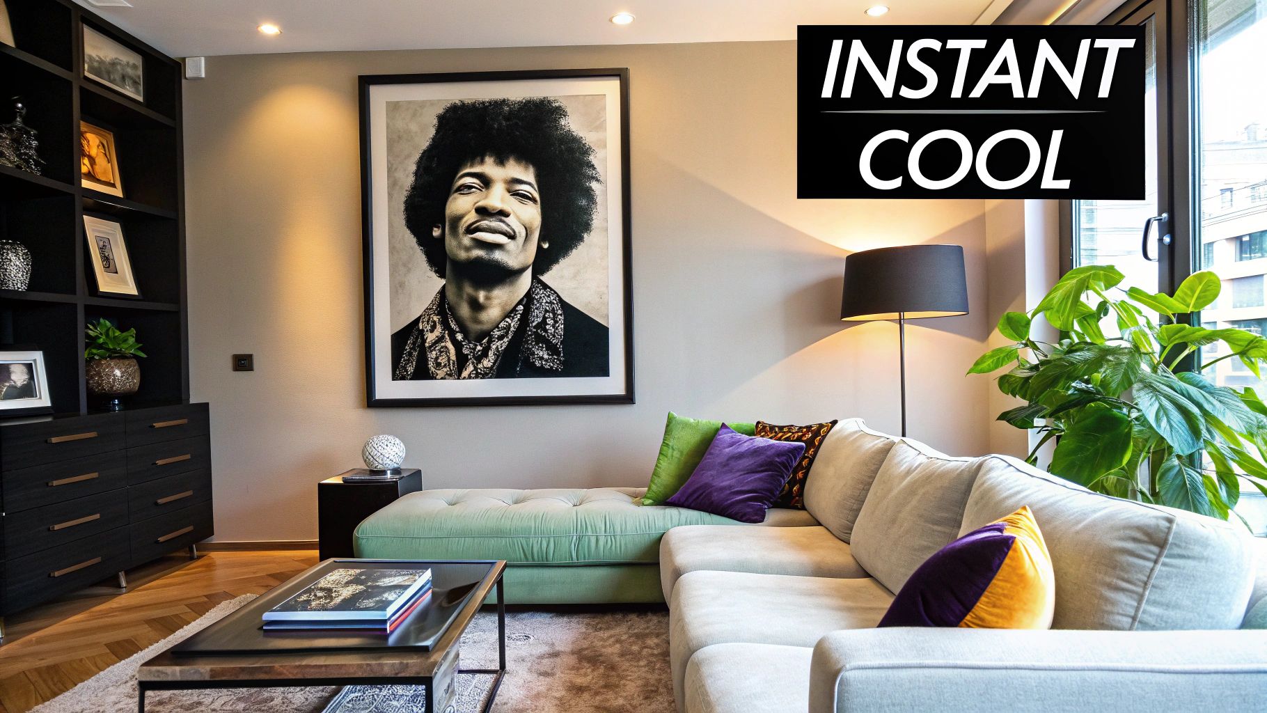 A colourful, artistic print of Jimi Hendrix playing his guitar against a vibrant background, perfectly capturing his electric energy.