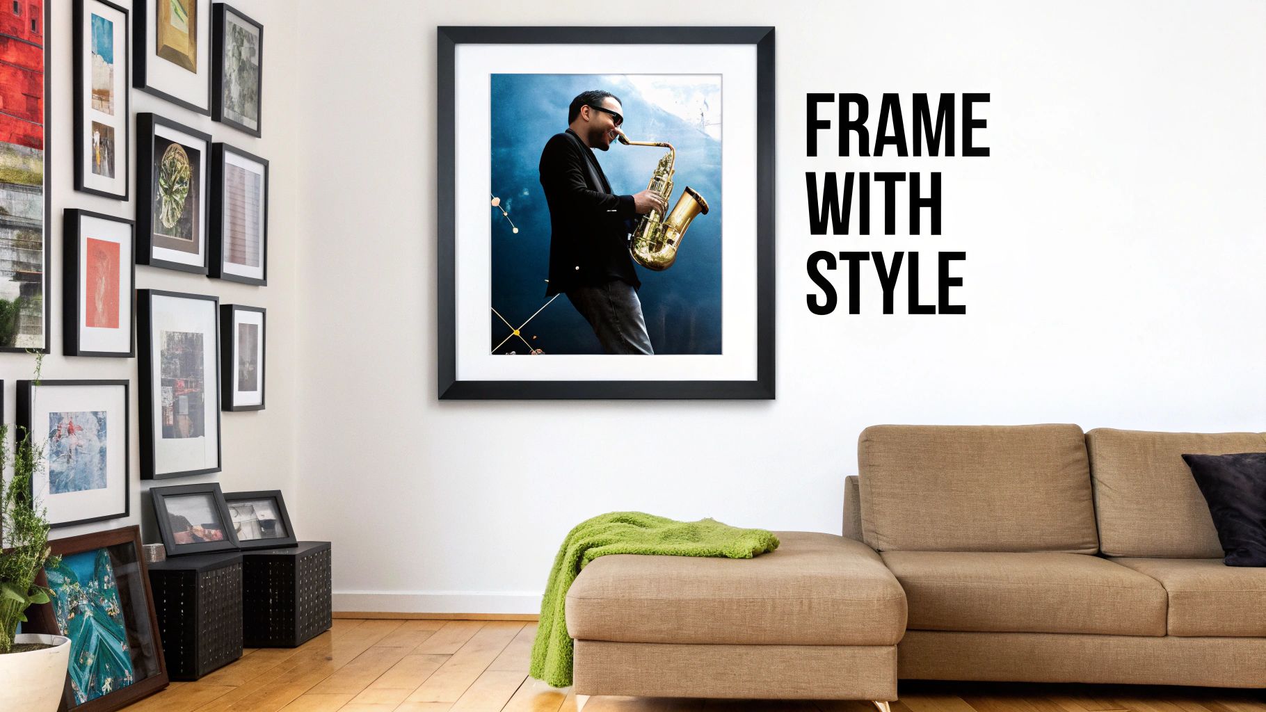 Modern living room interior featuring framed saxophone player poster with gallery wall and tan sofa