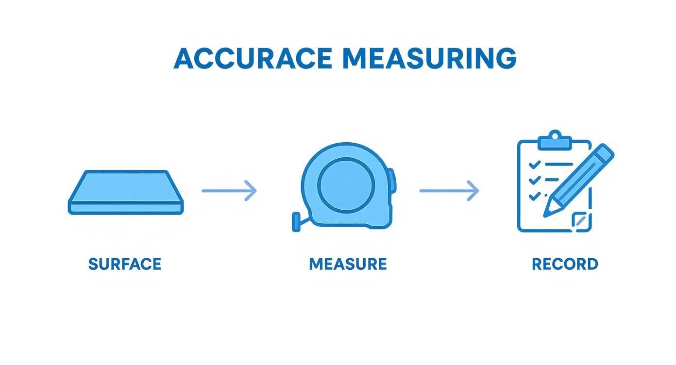 Three step process showing surface, measuring tape, and recording checklist for accurate measuring guide