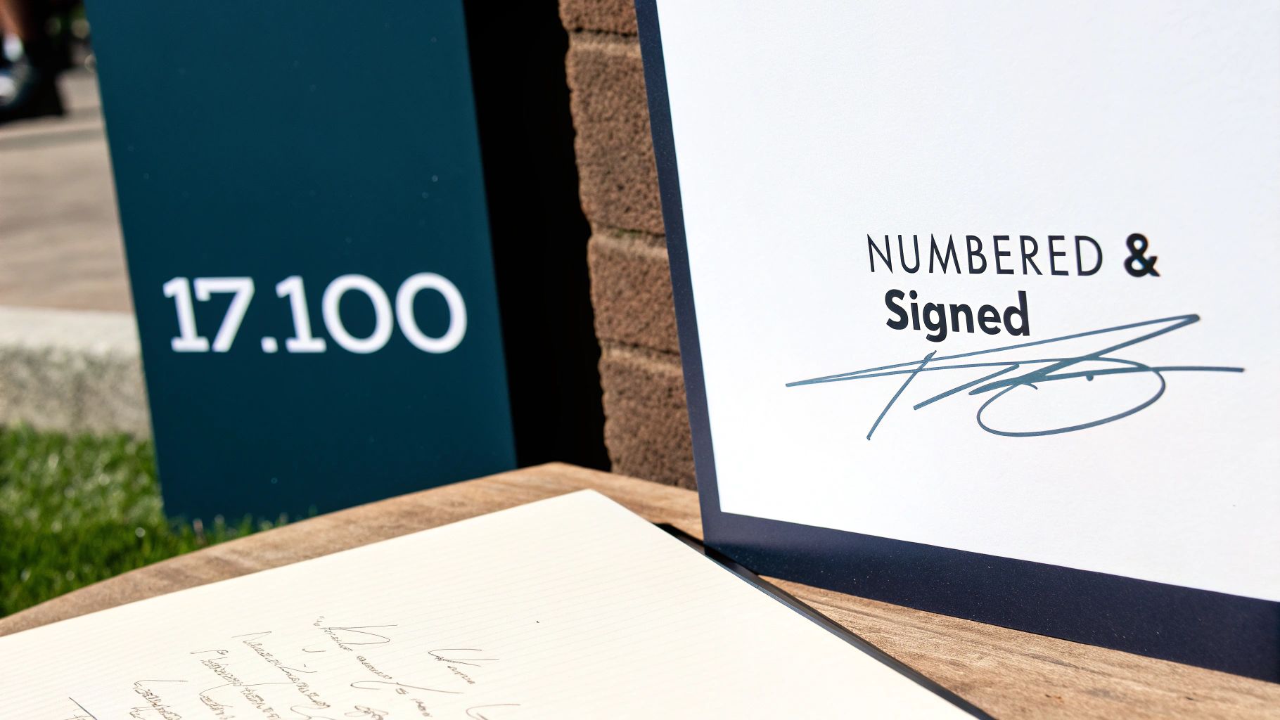 Limited edition art display featuring a numbered sign '17.100' and a signed print.
