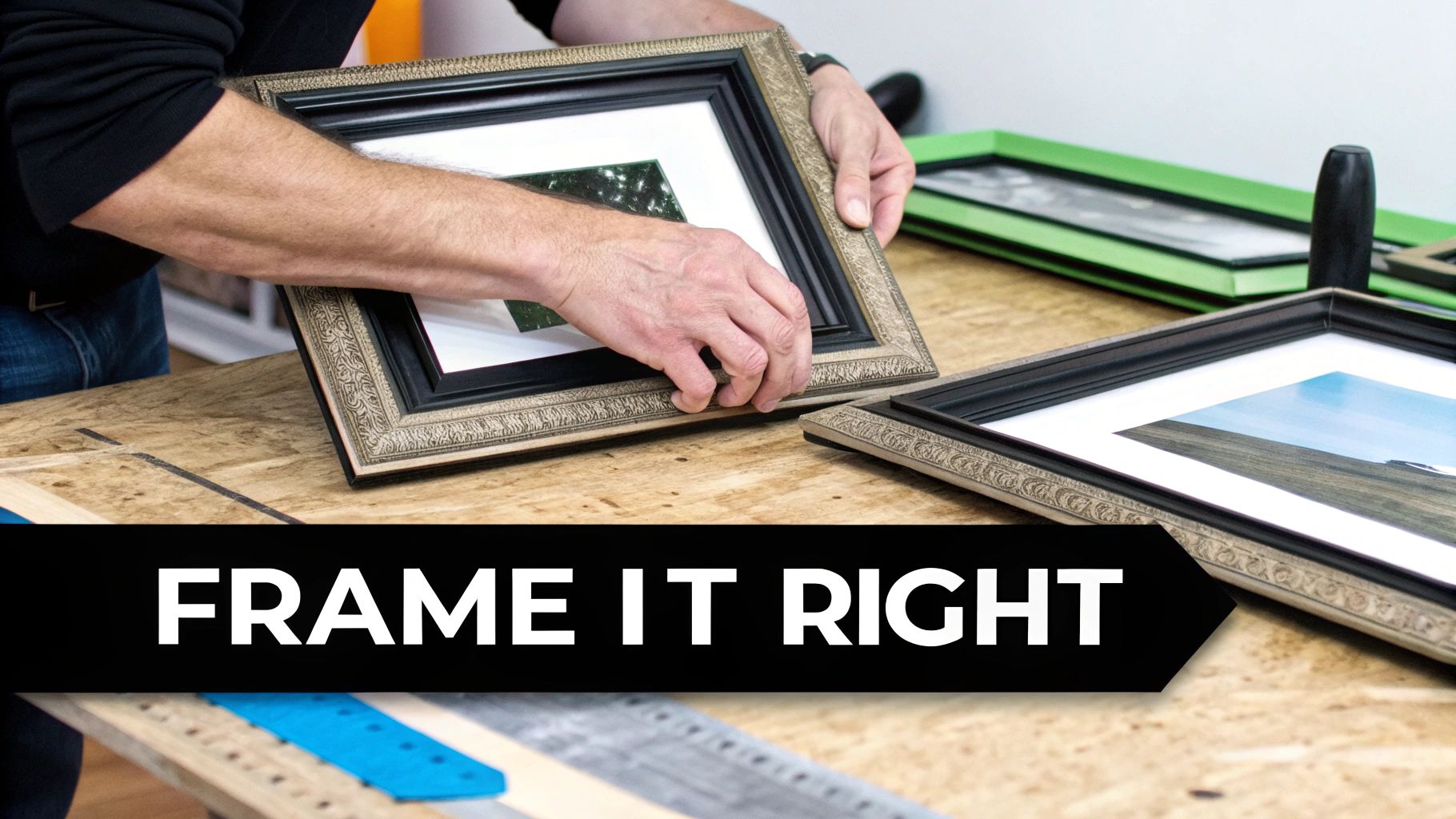 A close-up of a gallery wall with a variety of frame styles including black, white, and wood, showcasing different art prints.