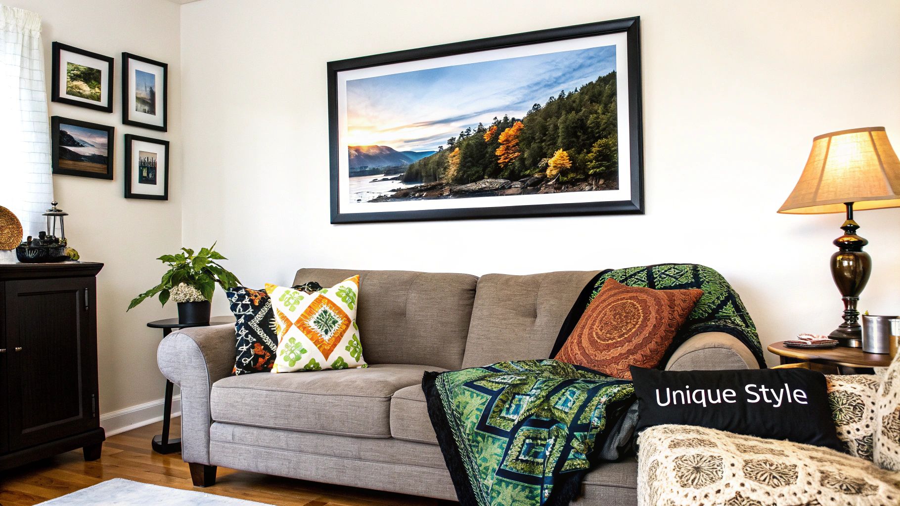 A unique art print on a well-decorated wall