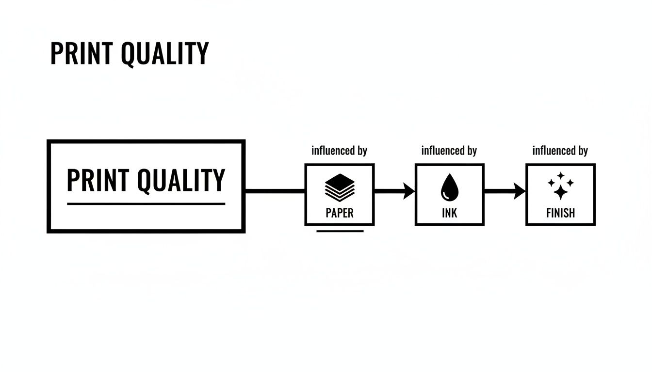 A flowchart illustrates print quality influenced by paper, ink, and finish, with corresponding icons.