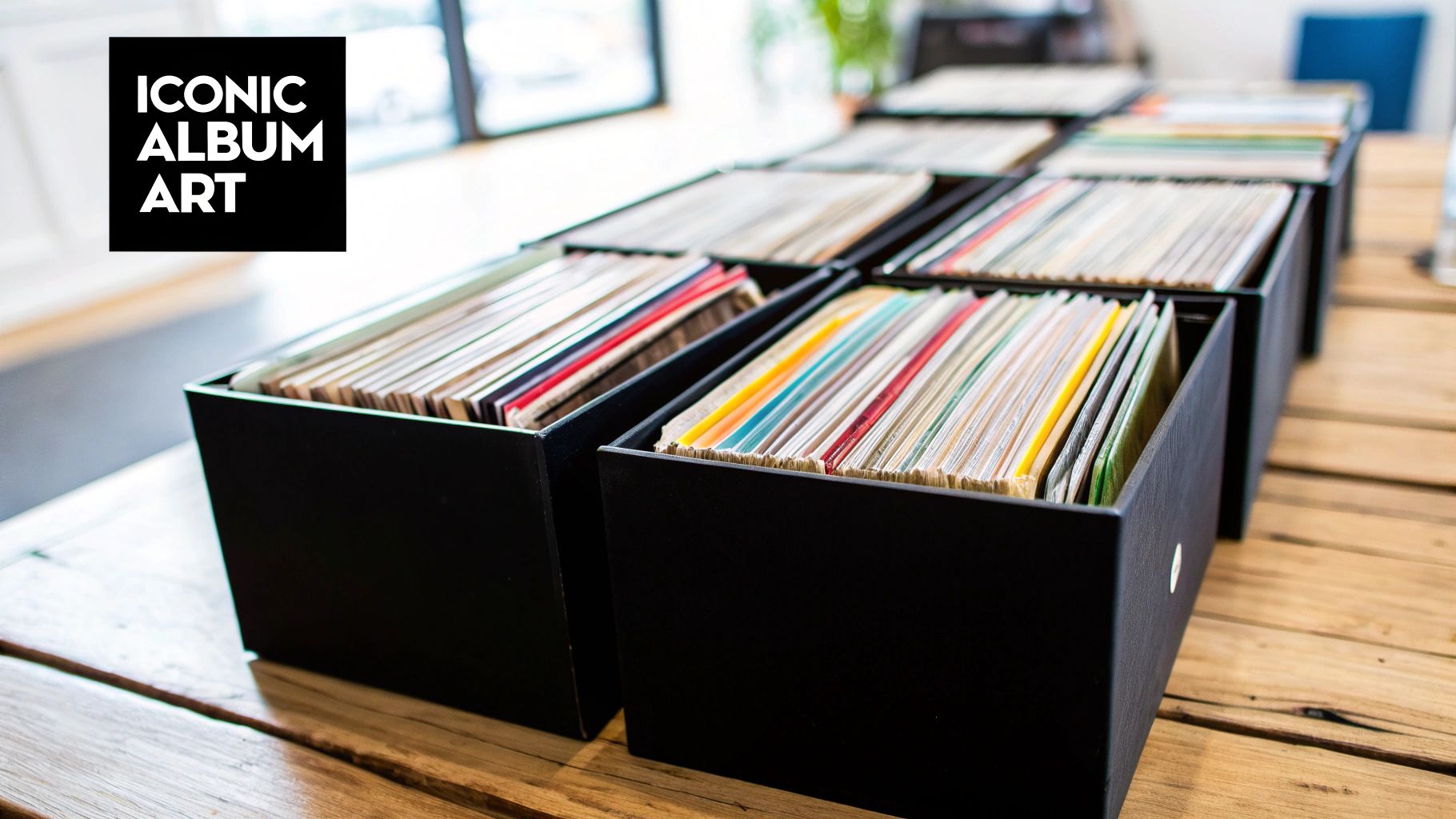 Rows of black storage boxes filled with colorful iconic album art prints on a rustic wooden table.