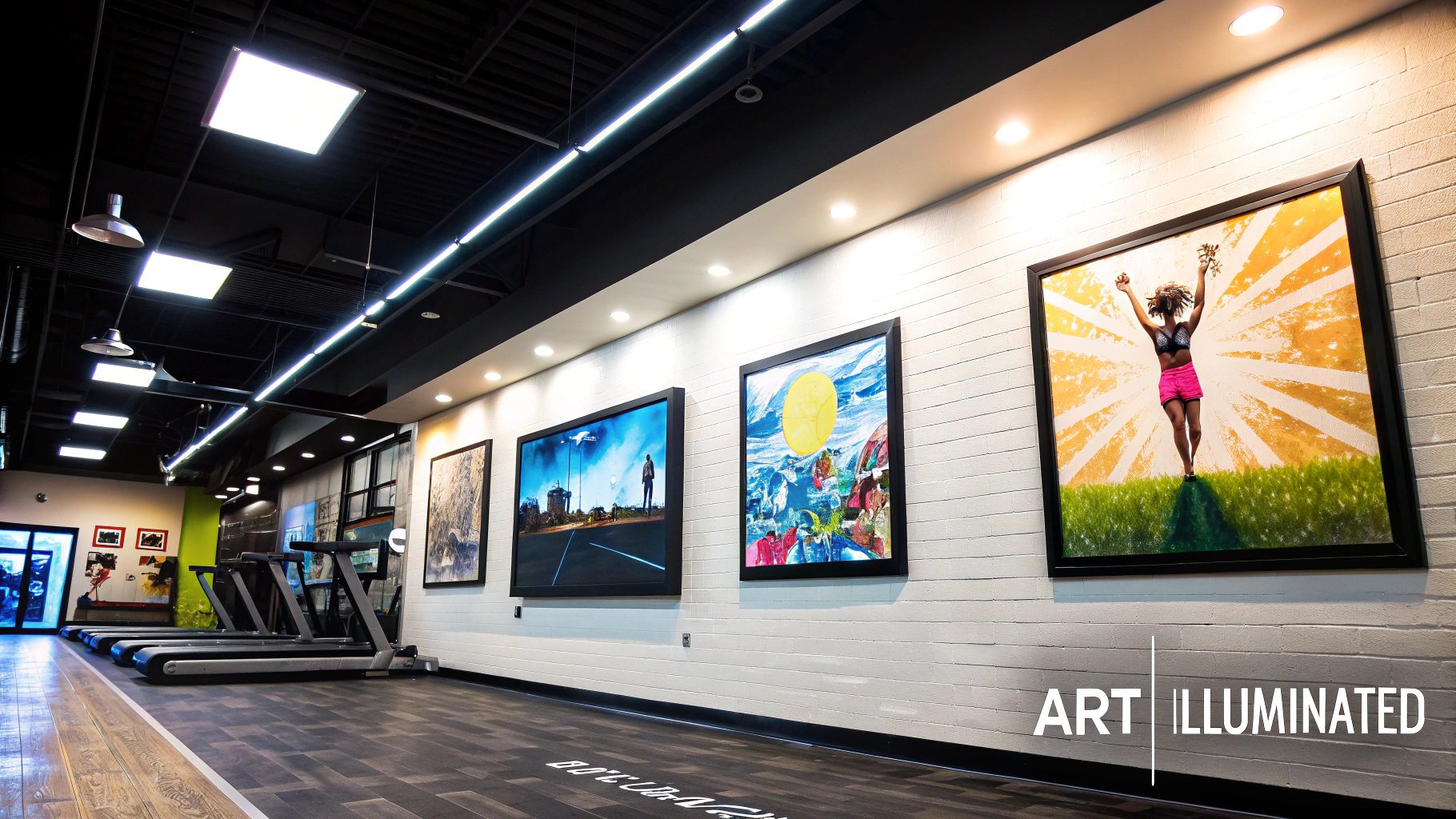 Gym wall artwork illuminated by track lighting.