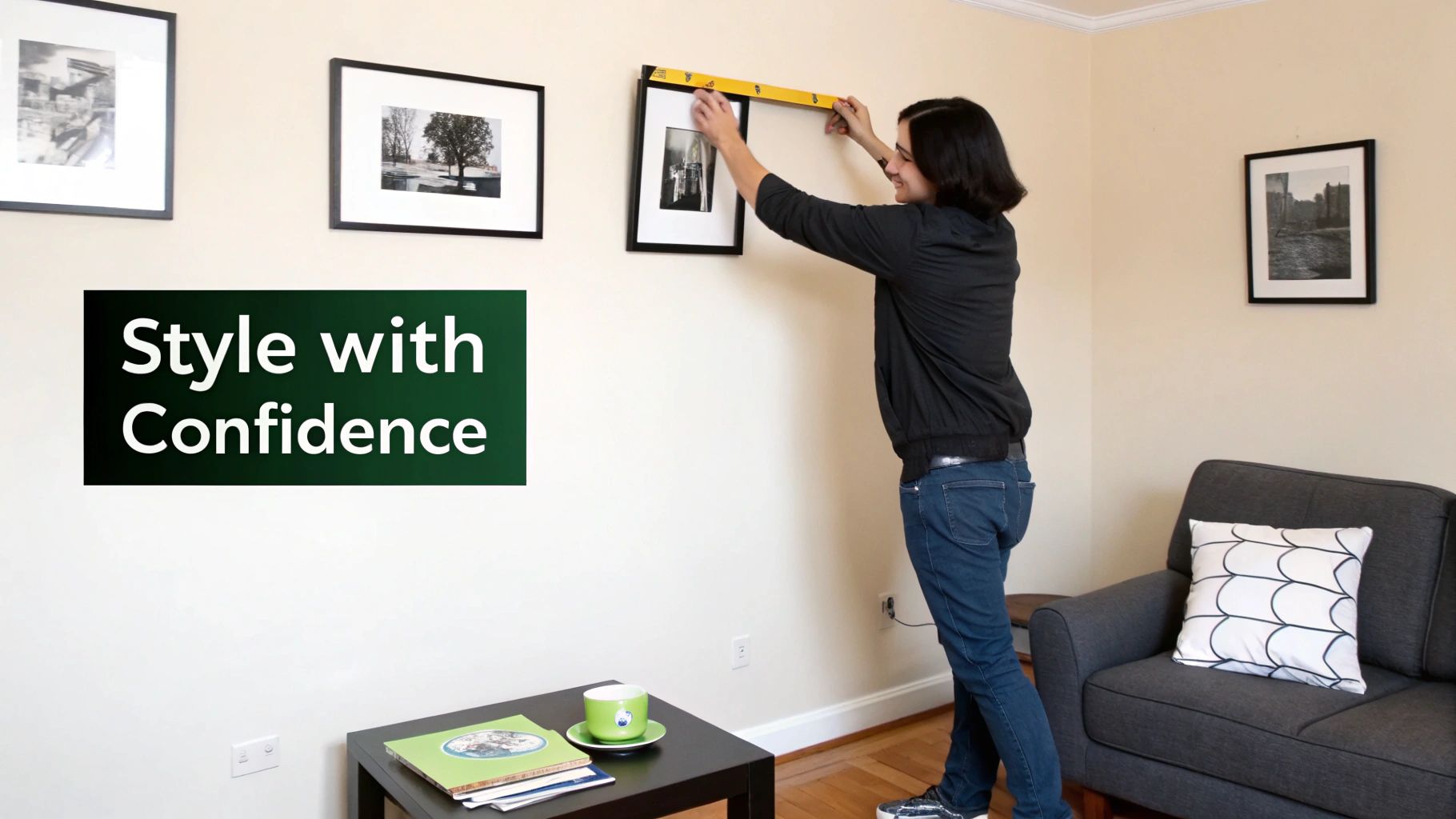 A person hangs a black and white framed picture on a cream wall, using a yellow leveling tool.