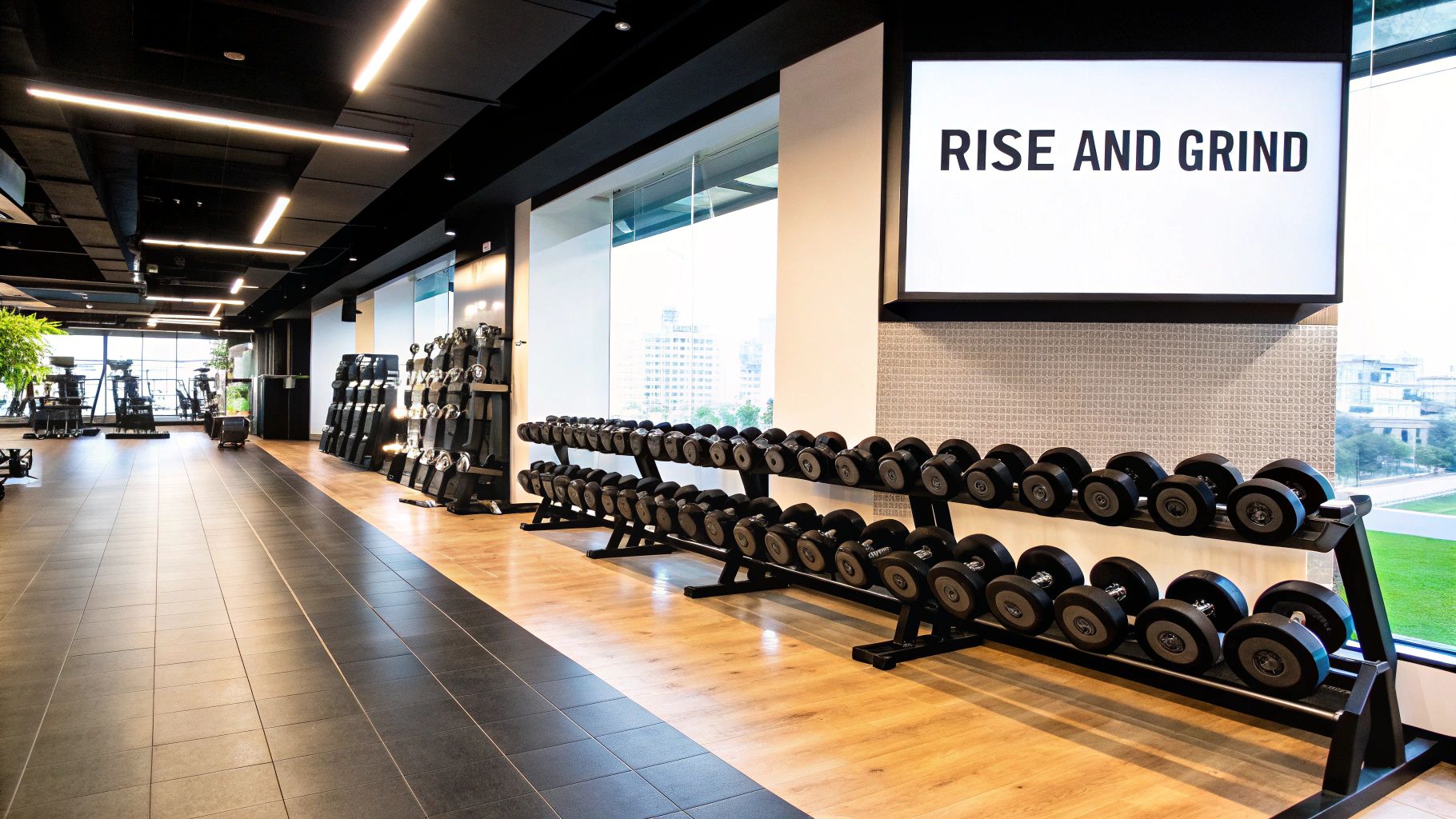 A well-decorated home gym with inspirational artwork on the wall.