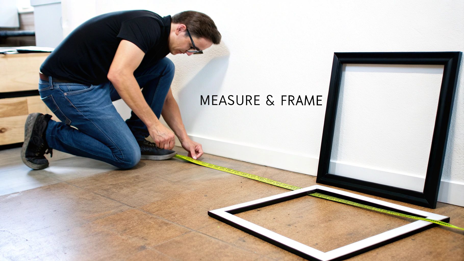 A man kneels on a tiled floor, measuring with a tape beside two empty picture frames and a white wall.