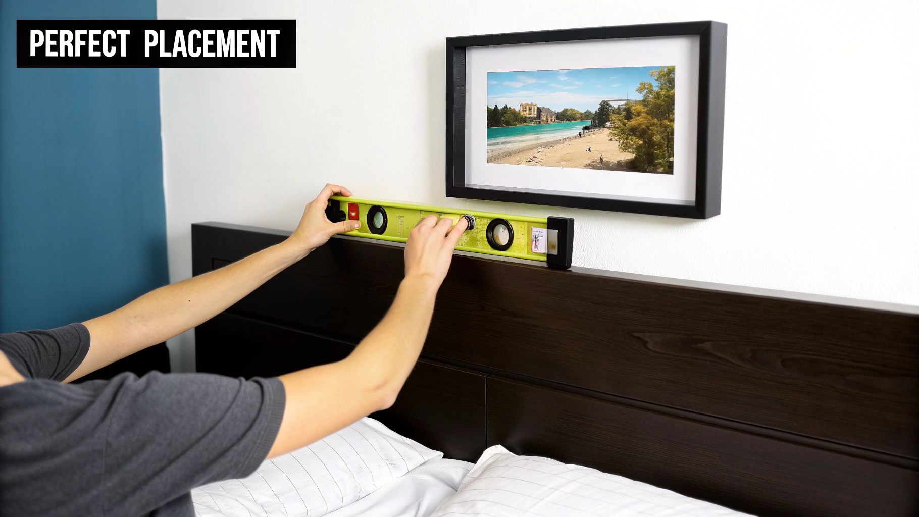 A stylish bedroom with a large, framed art print hanging neatly above the bed, showcasing good placement and height.