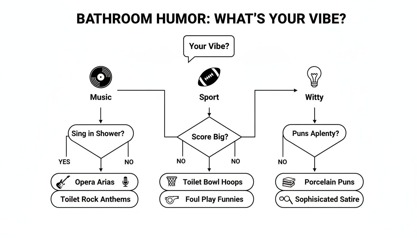 A flowchart titled 'Bathroom Humor: What's Your Vibe?' categorizing humor types.