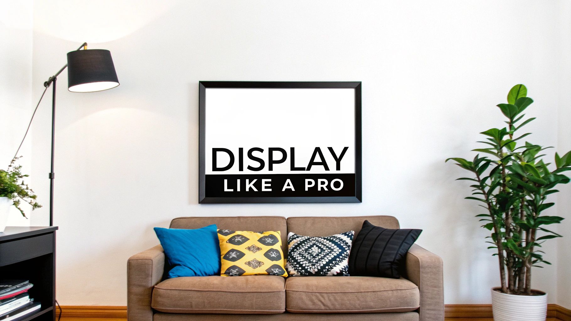 Several framed pop art prints arranged on a white wall above a modern sofa.