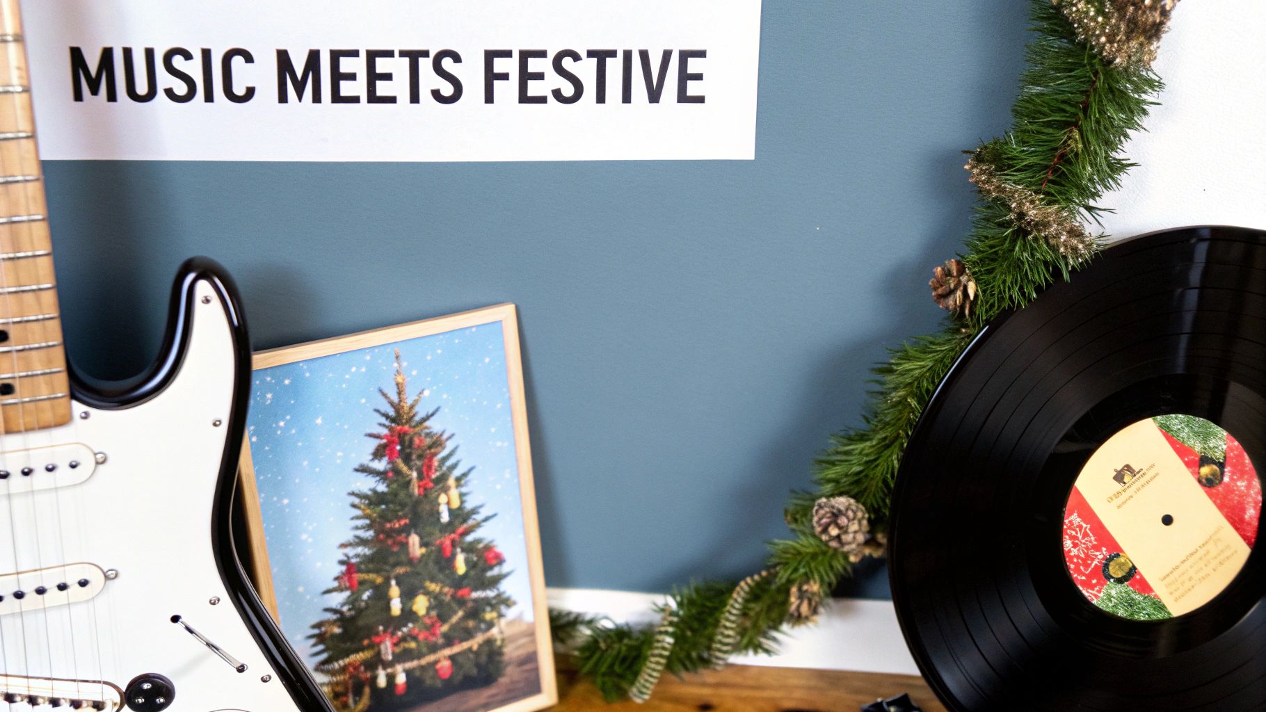 A festive display featuring an electric guitar, a framed Christmas tree picture, a vinyl record, and holiday garland.