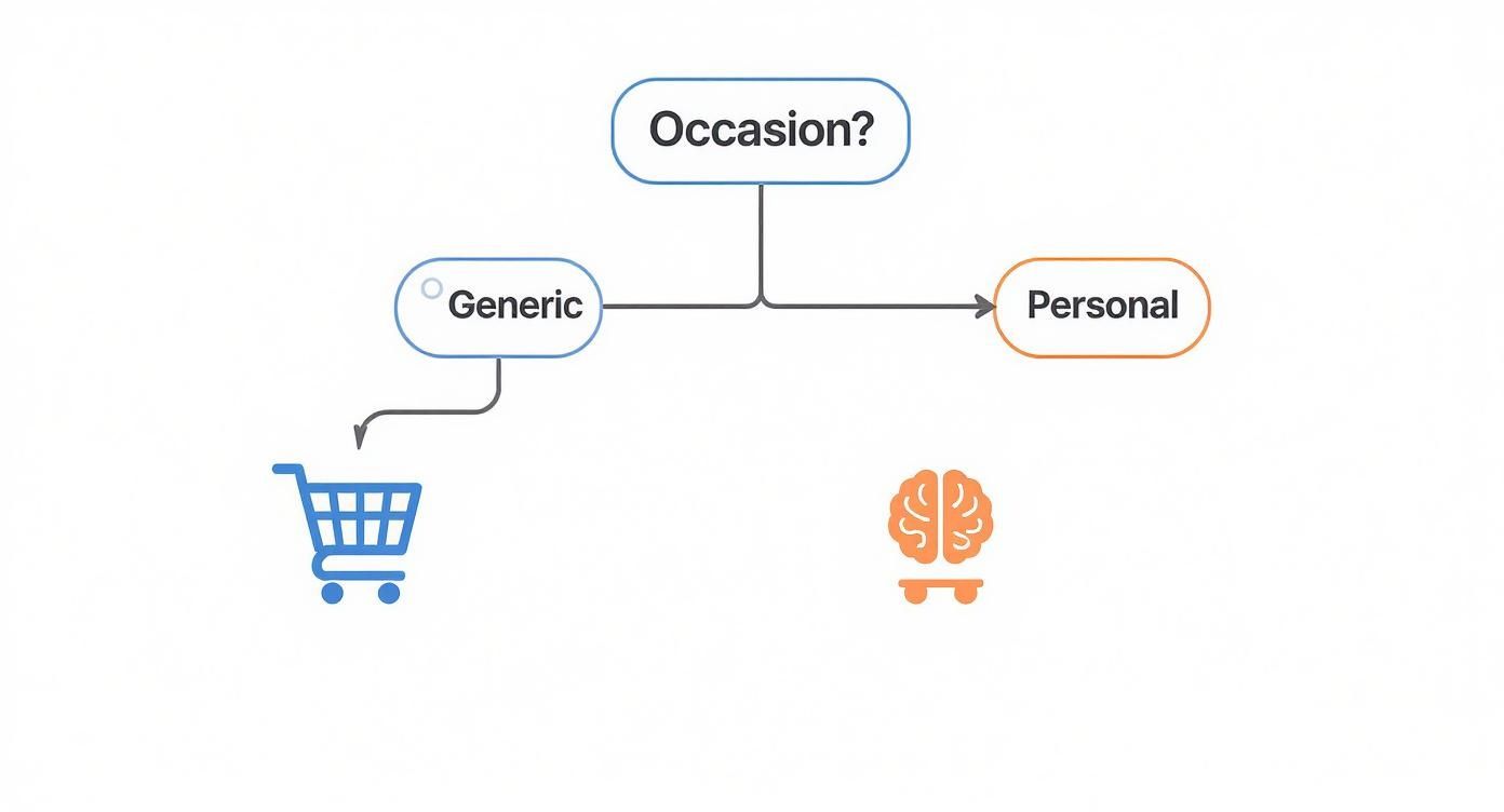 Flowchart showing greeting card selection process from occasion to generic or personal categories with shopping icons