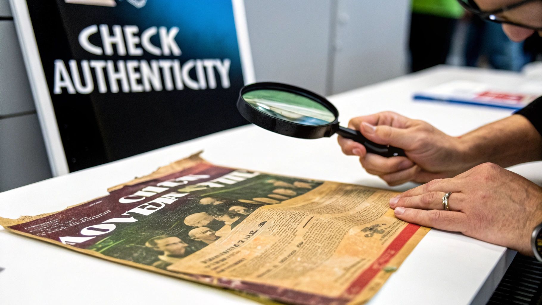 Hands examine an old newspaper with a magnifying glass, checking its authenticity against a 'CHECK AUTHENTICITY' sign.