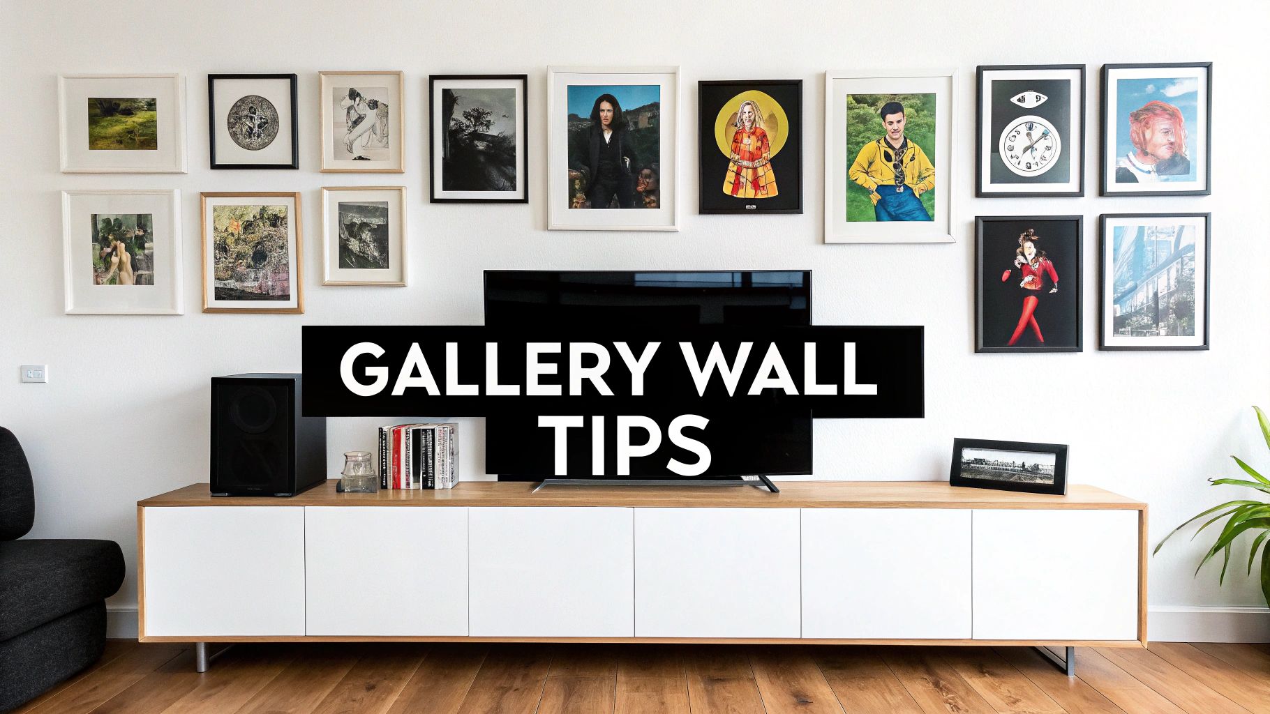 A stylish gallery wall featuring numerous framed art prints and posters above a modern media console with a TV.