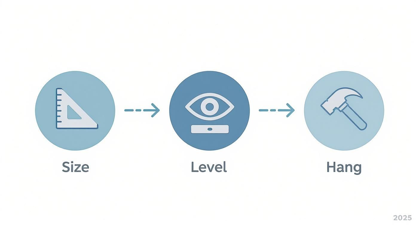 A three-step visual process for hanging objects: size using a ruler, level with an eye-level tool, and hang with a hammer.