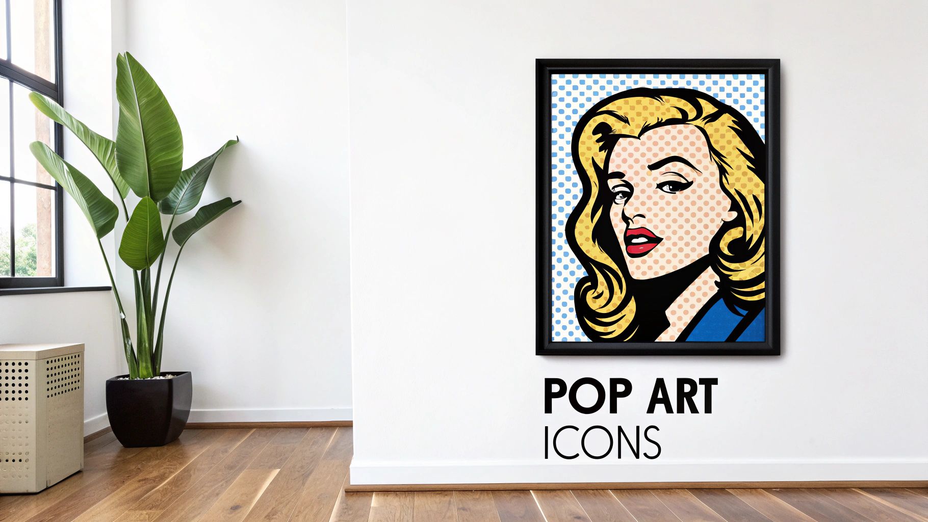 A framed pop art print featuring a blonde woman with red lips hangs on a white wall.