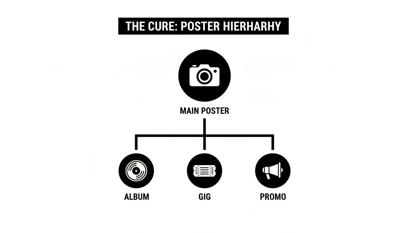 Black and white flowchart illustrating "The Cure: Poster Hierarchy" from a main poster to album, gig, and promo.