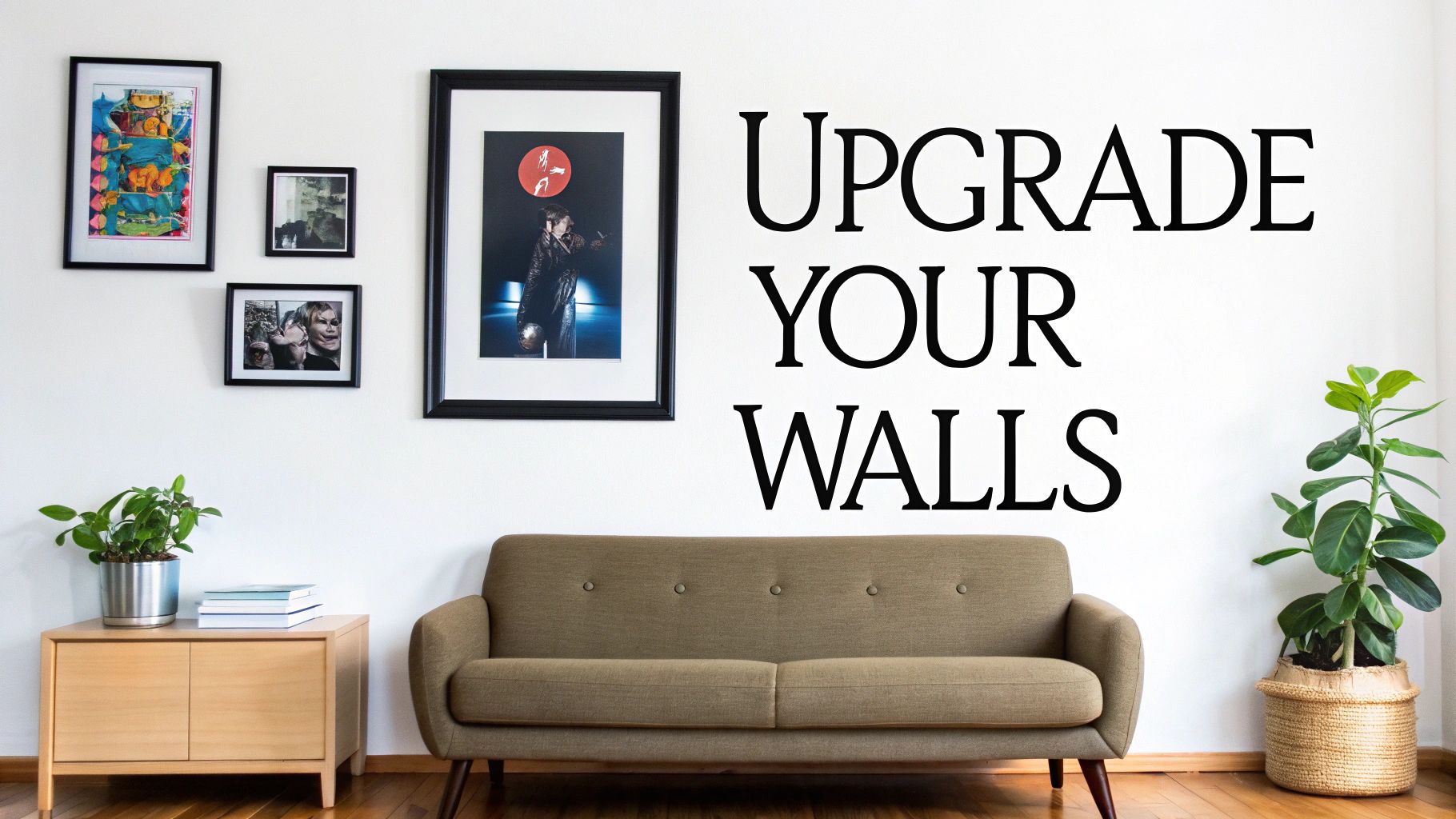 A collection of framed music posters arranged on a wall above a sofa.