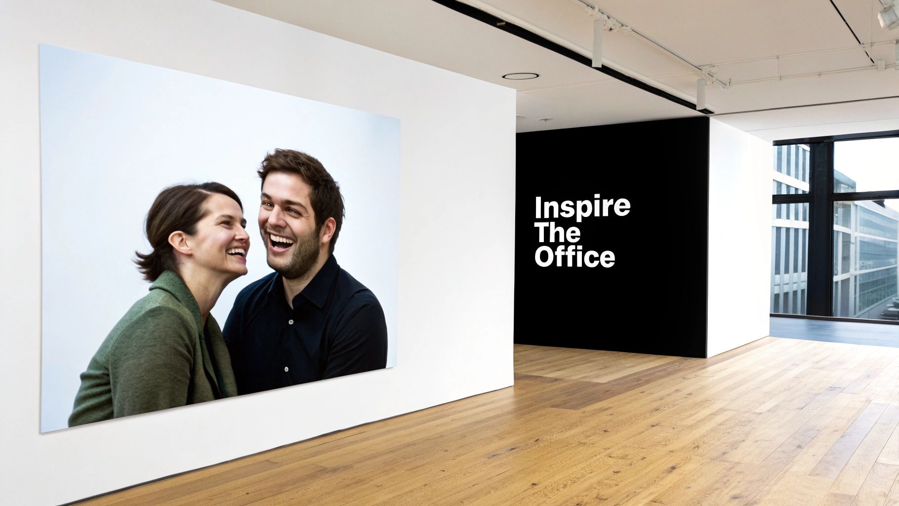 Two happy colleagues laughing on a large print in a modern office with 'Inspire The Office' text.
