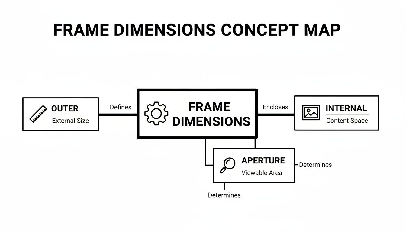 A concept map illustrating frame dimensions, their external size, internal content space, and viewable area.