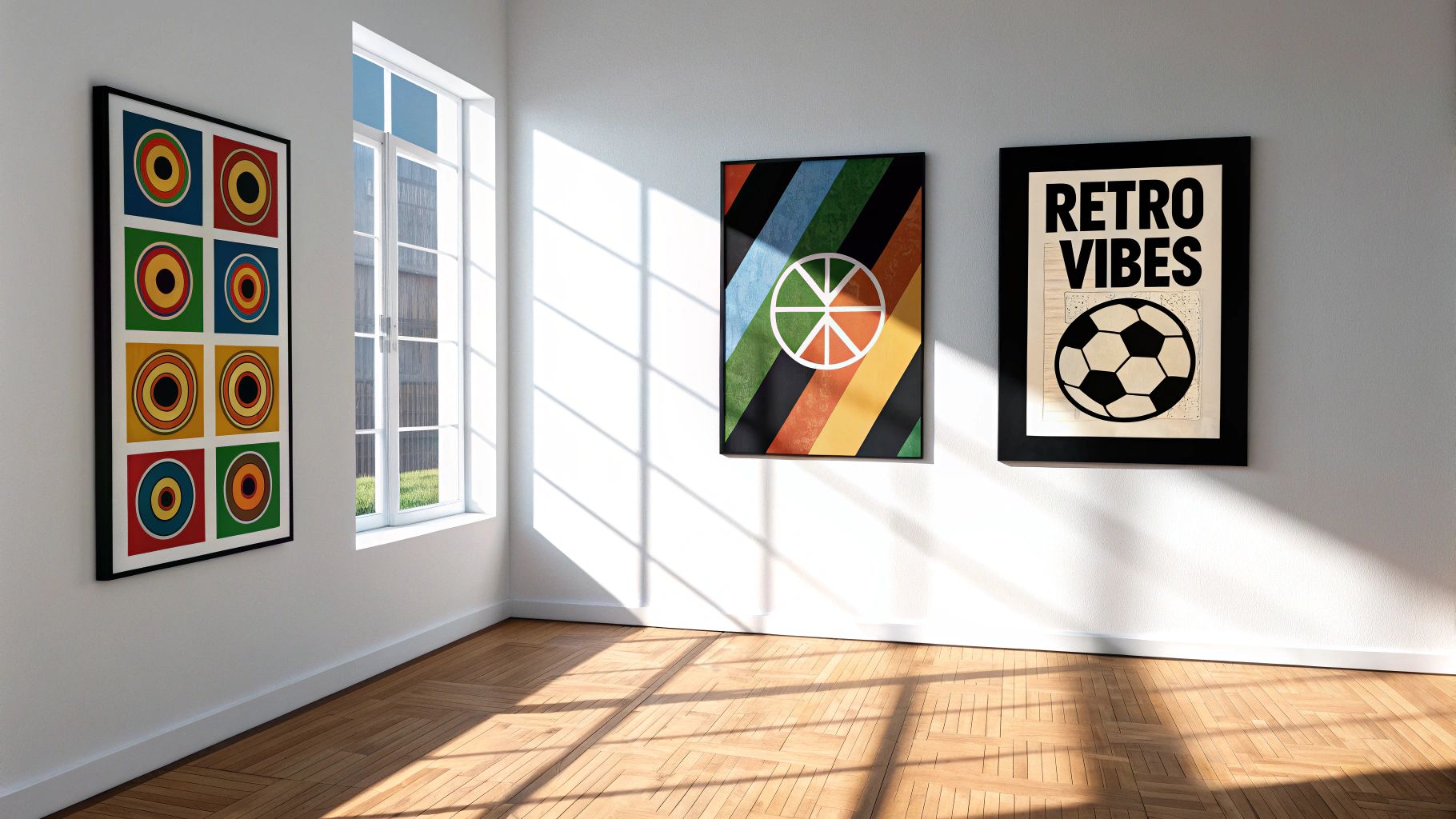 Stylish room with three vibrant retro wall art pieces and bright window light.