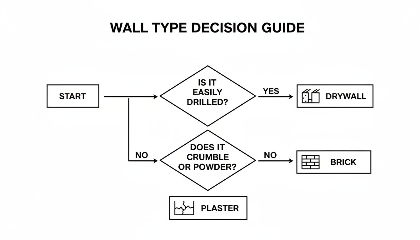 A flowchart guiding the identification of wall types based on drilling ease, crumbling, and powdering.