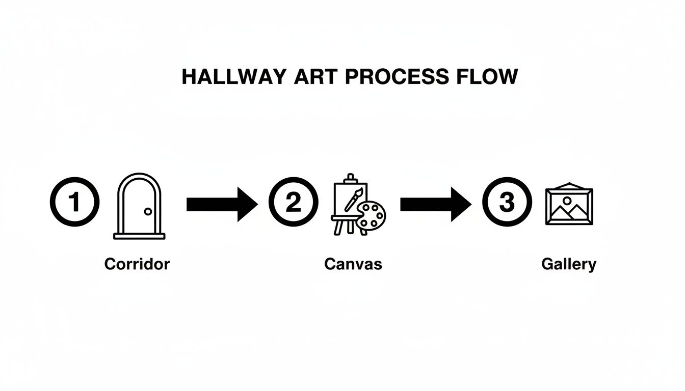 A three-step process flow diagram illustrating hallway art creation from a corridor to a canvas, then to a gallery.