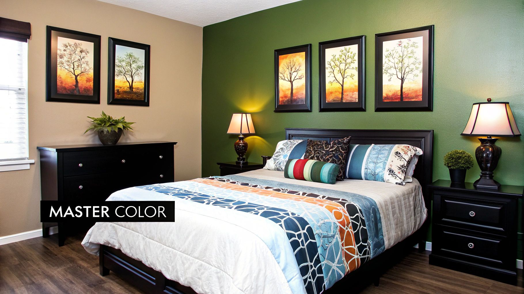 A cozy bedroom featuring a bed with colorful bedding, black furniture, and tree-themed wall art on green and beige walls.