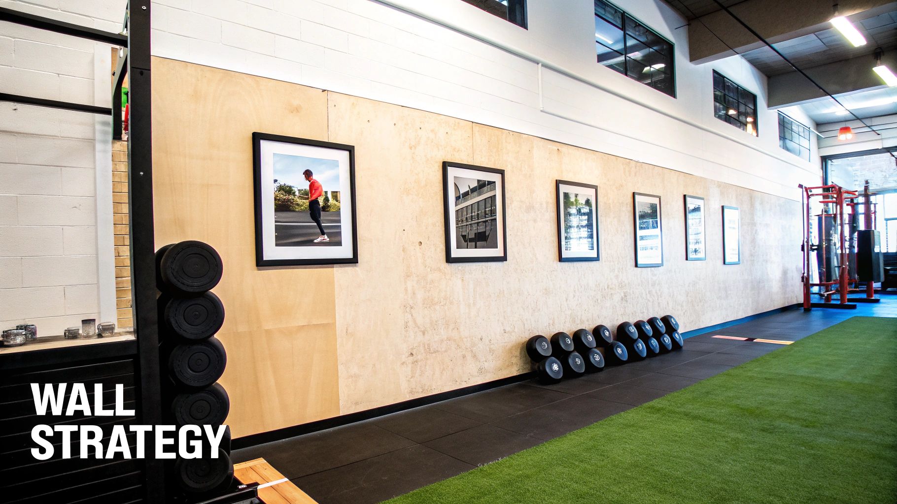 A stylish home gym with a gallery wall of framed art.