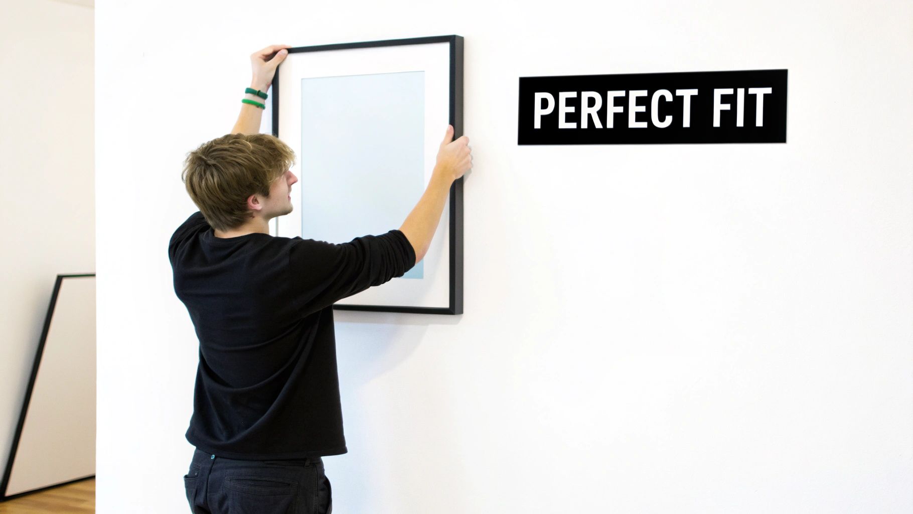Person hanging framed poster on white wall demonstrating perfect fit for wall art