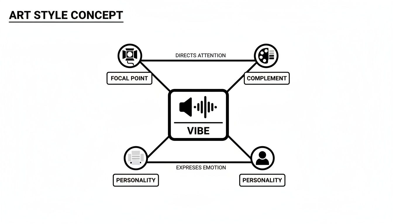 A diagram illustrating the 'Art Style Concept' with 'Vibe' at its core, connected to 'Focal Point', 'Complement', and 'Personality', indicating how they 'Direct Attention' and 'Express Emotion'.
