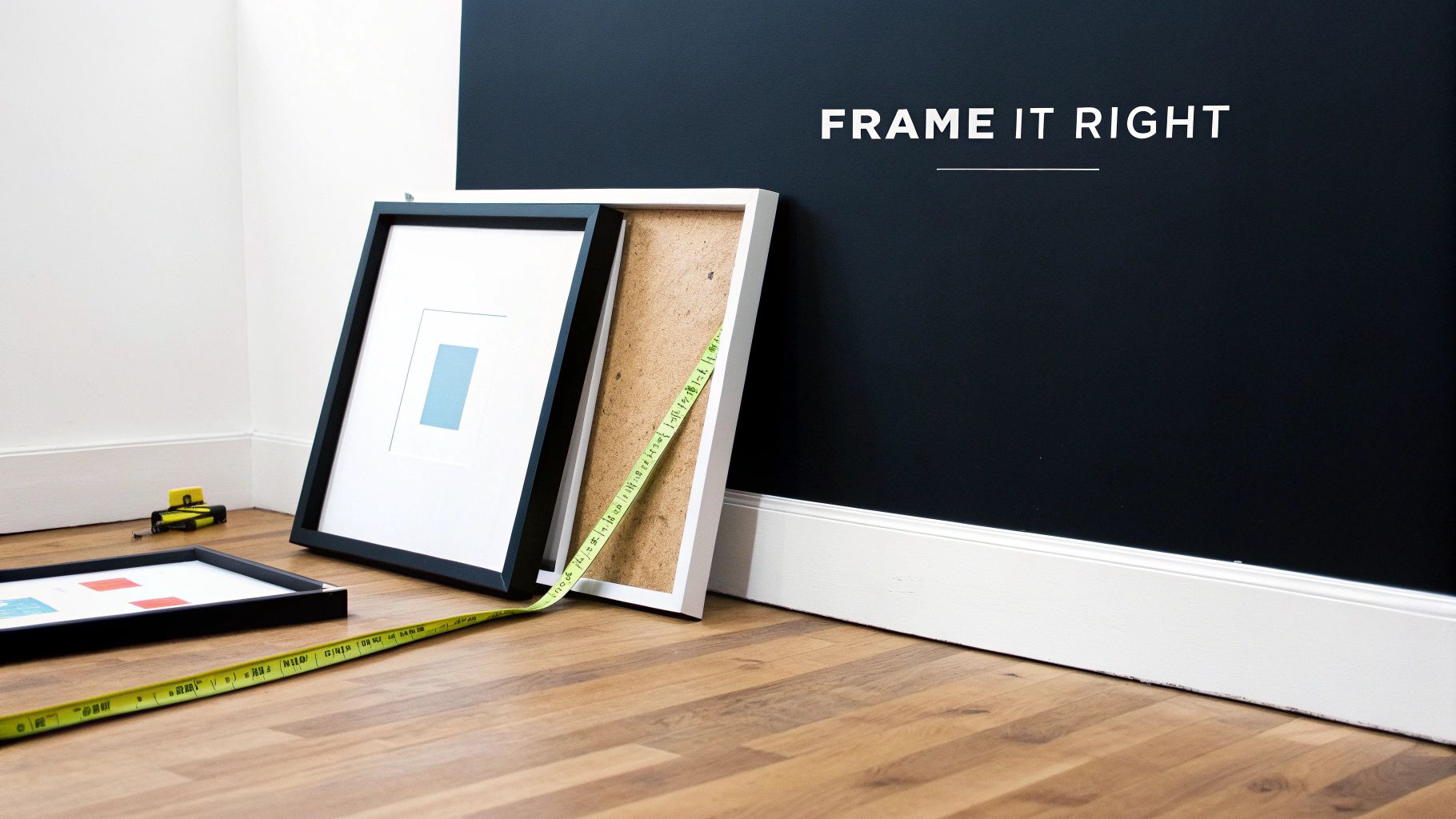 Picture frames, measuring tape, and tools on a wooden floor in front of a dark blue wall.