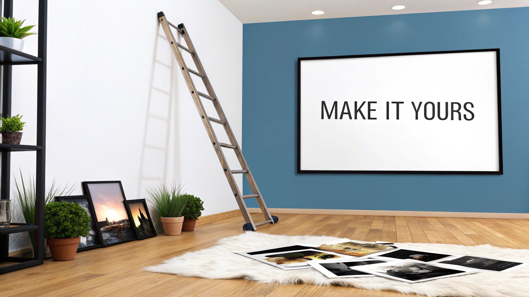 A stylish gallery wall featuring a mix of framed prints and artwork arranged above a piece of furniture.