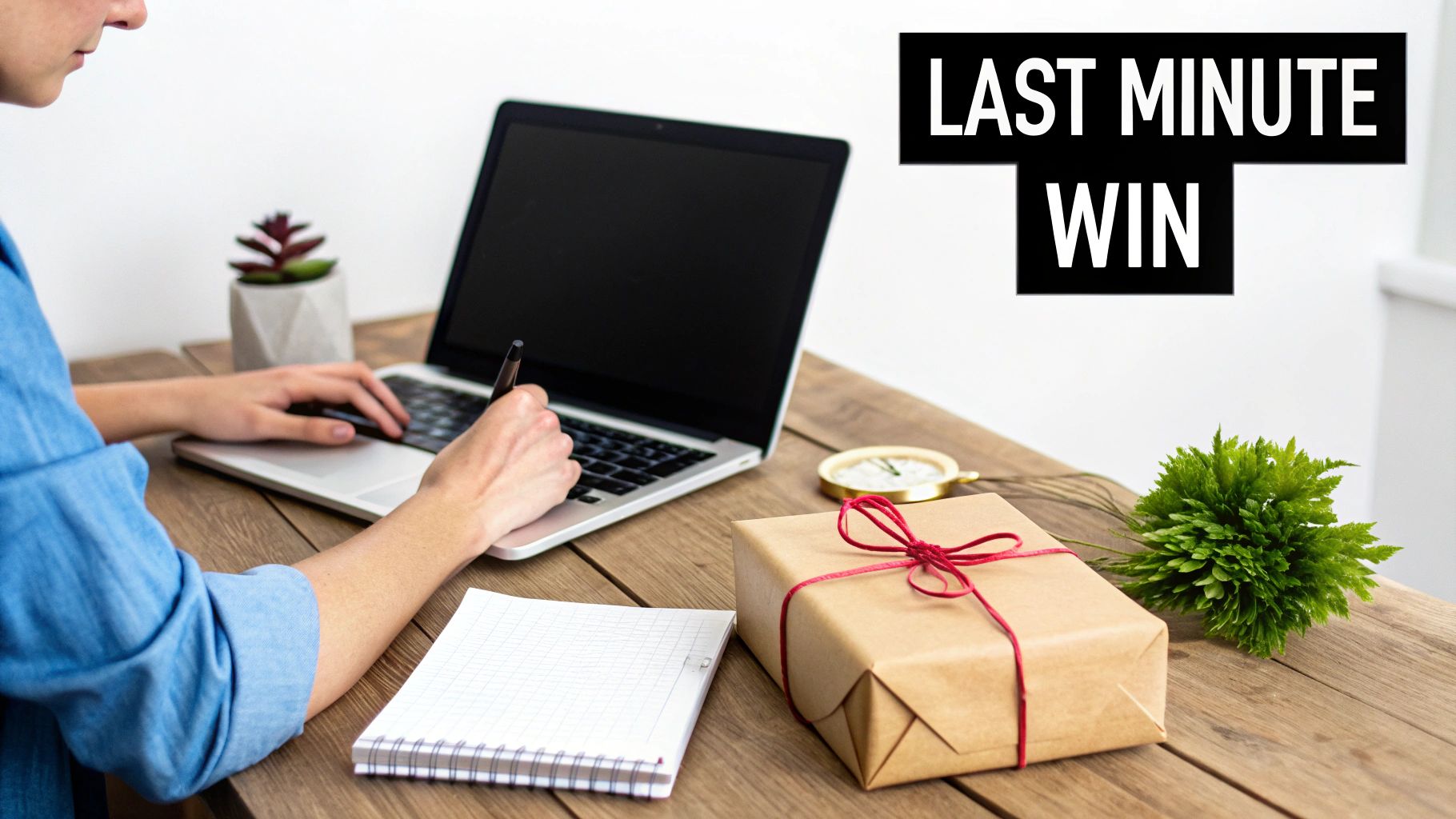 Person working on a laptop and writing, next to a wrapped gift and decorative plants on a desk.
