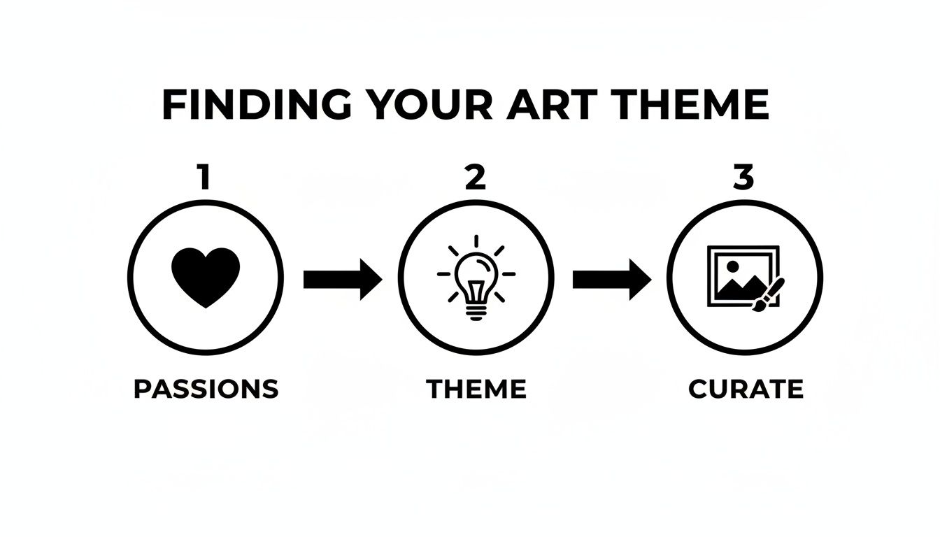 A visual guide illustrating three steps to finding your art theme: passions, theme, and curate.