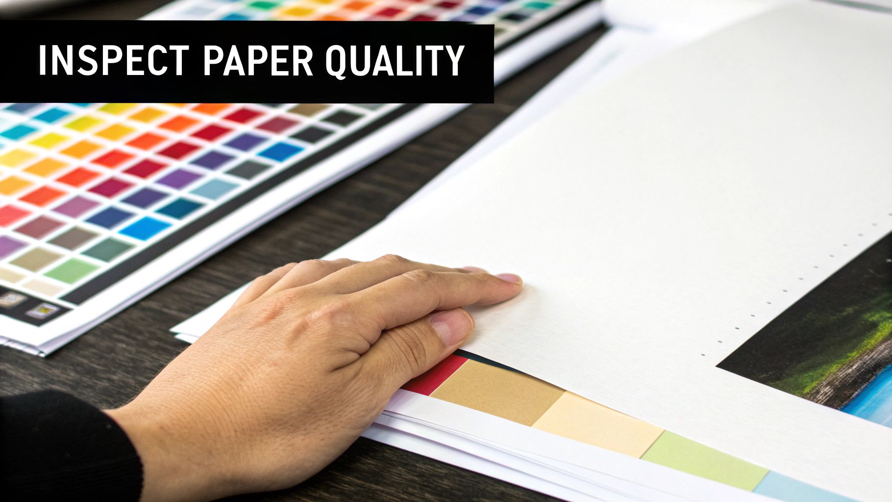 A hand inspects white paper sheets on a desk, with a colorful print guide and text.