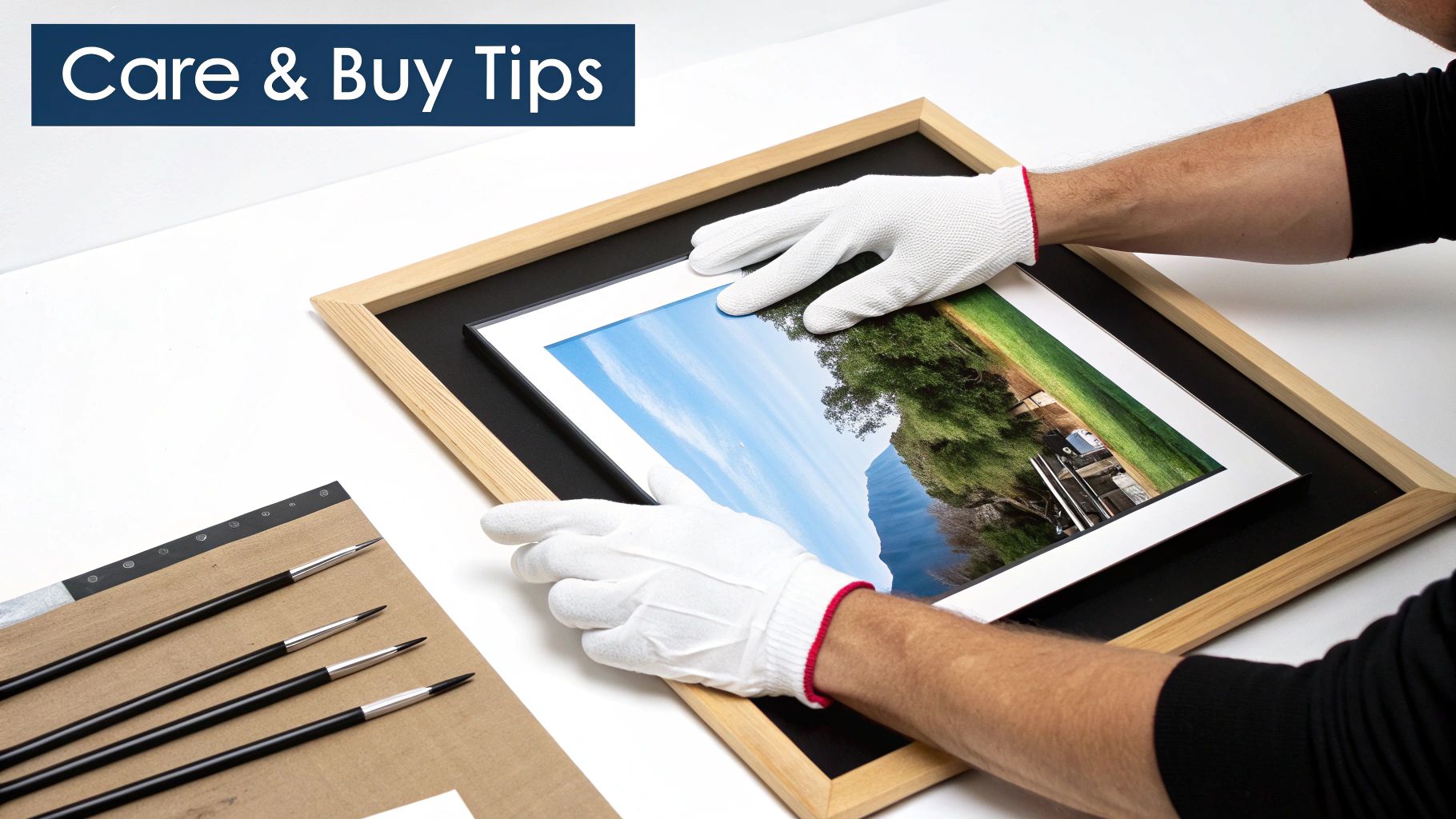 A person carefully hanging a framed limited edition print on a wall.