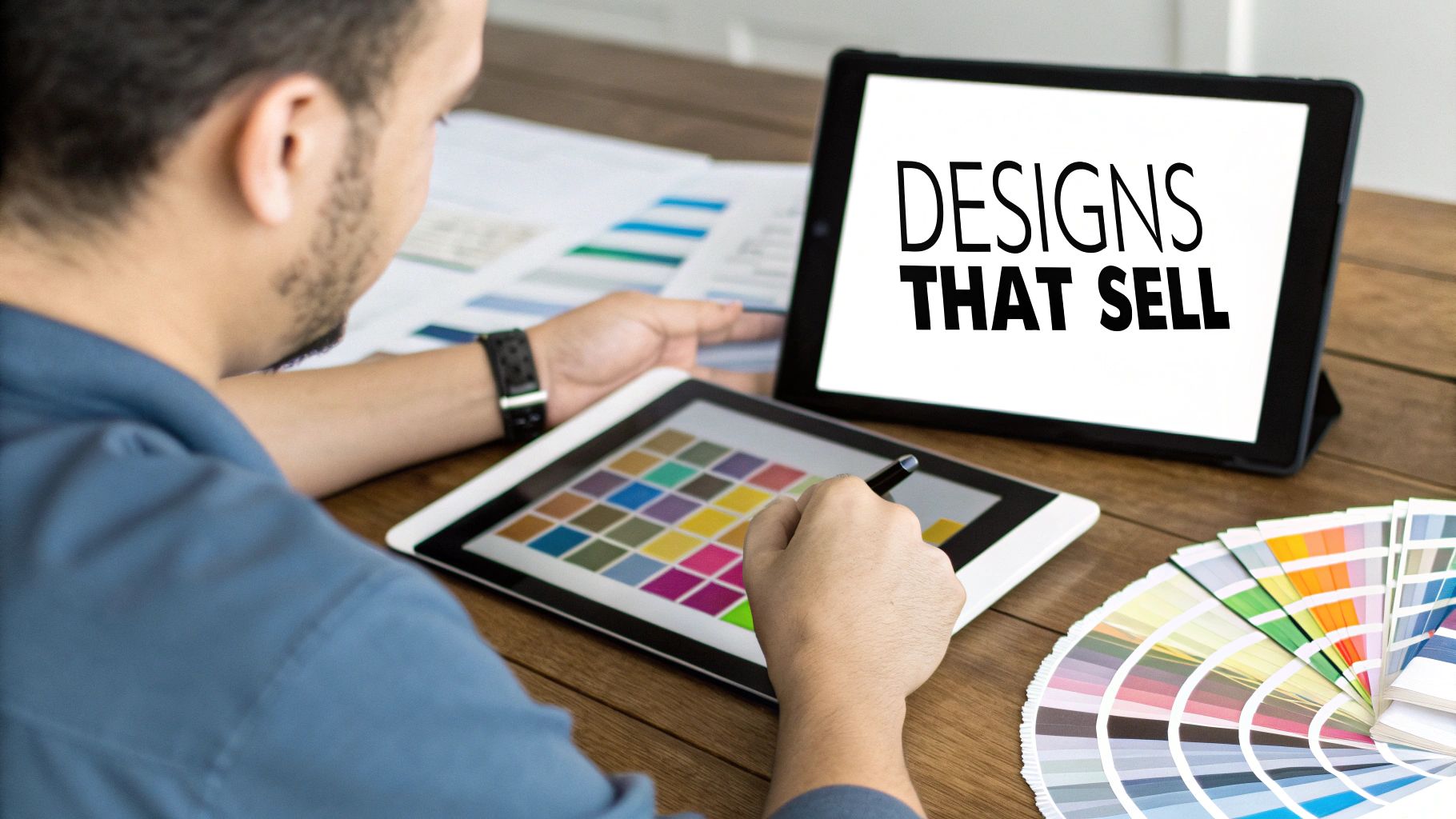 Professional designer working on a digital tablet with a color palette and marketing message.