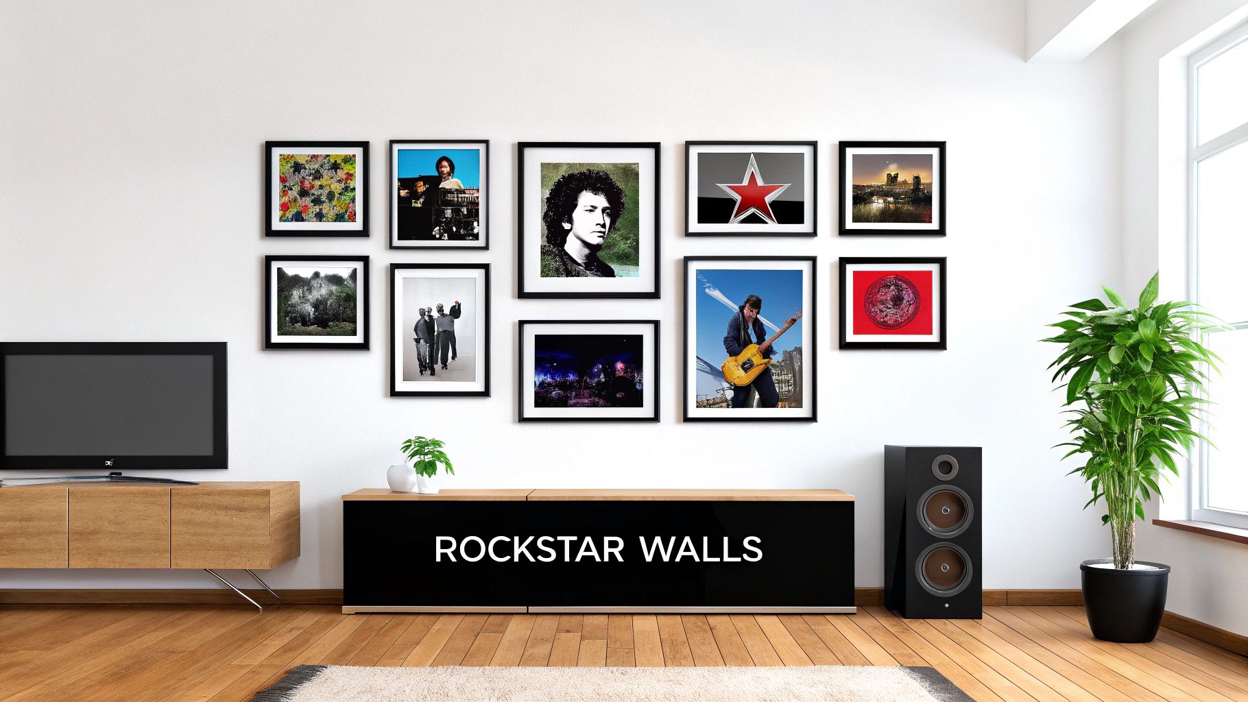 A modern living room with a gallery wall featuring music-themed and abstract art, a TV, and a media console.