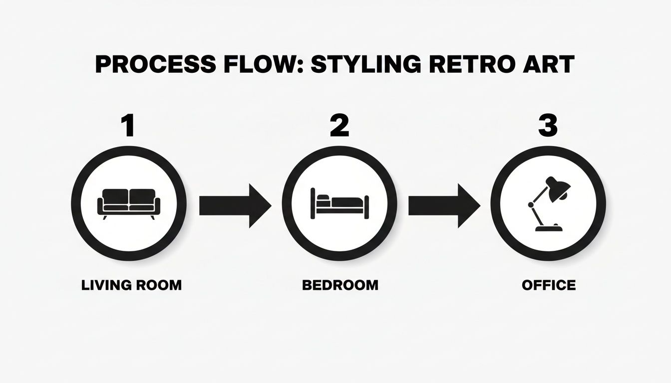 A process flow diagram details styling retro art in living room, bedroom, and office spaces.
