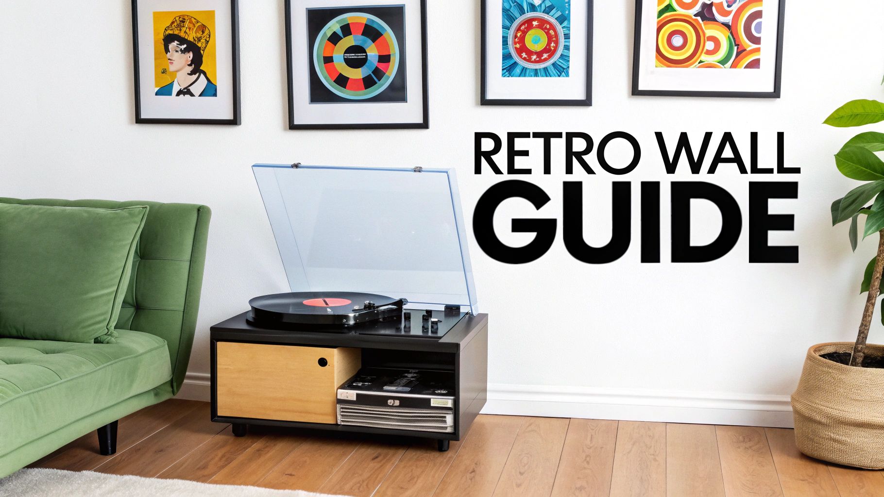 A stylish retro living room featuring a green sofa, a record player, and colorful framed wall art.