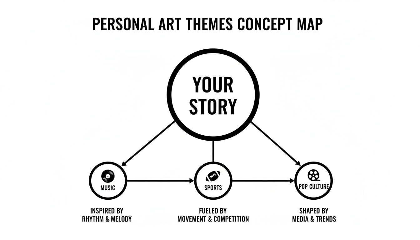 A personal art themes concept map showing 'Your Story' connected to Music, Sports, and Pop Culture.