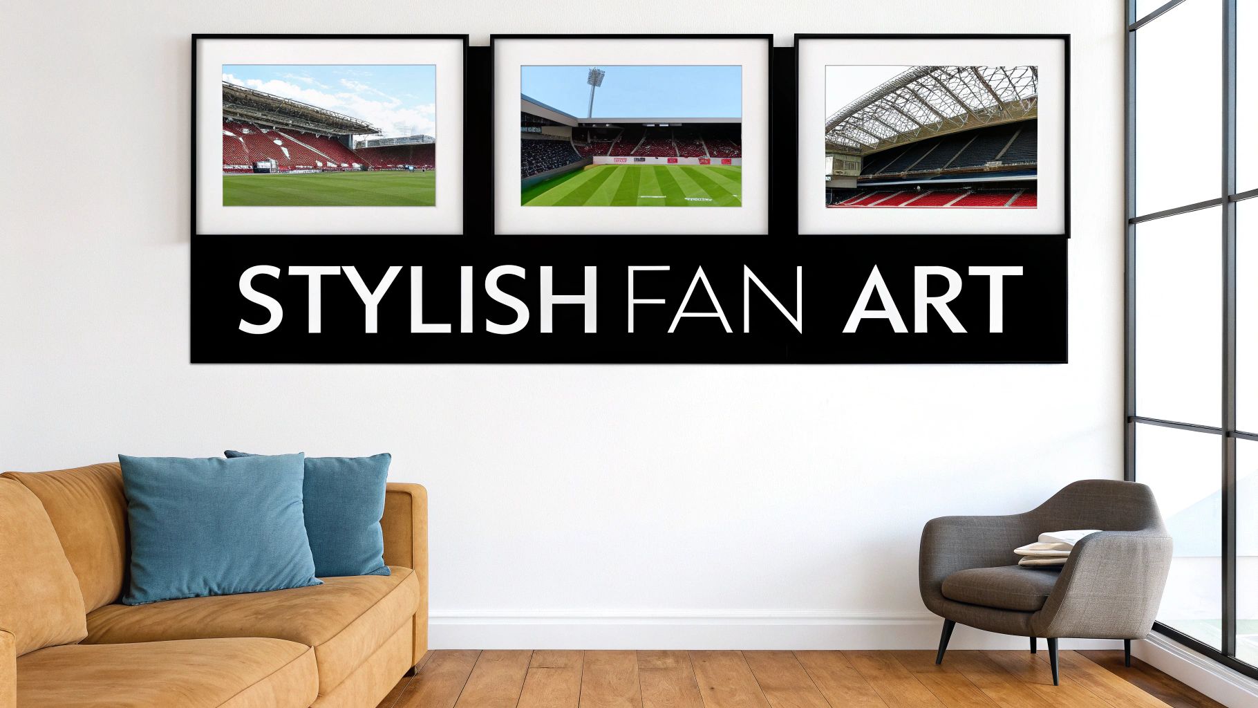 A stylish living room with a brown couch and grey armchair, featuring three framed stadium photos as fan art.