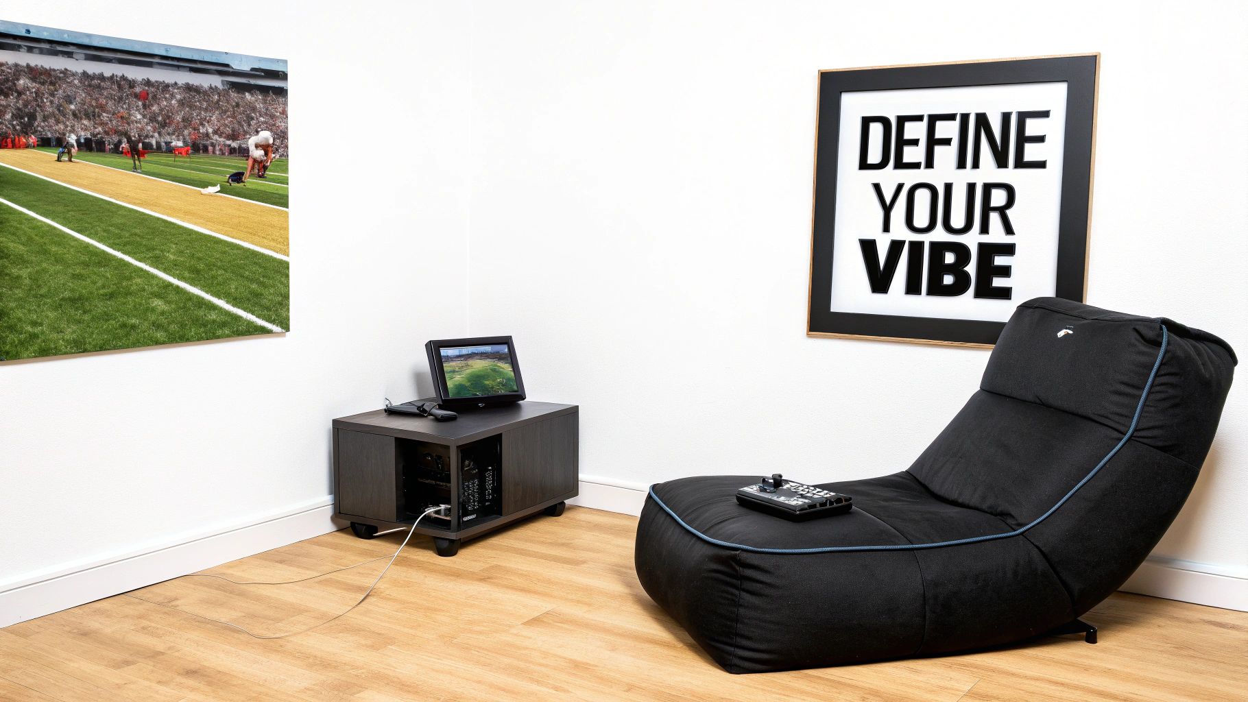 A modern game room with a black gaming chair, small table with monitor, and sports art on the wall.