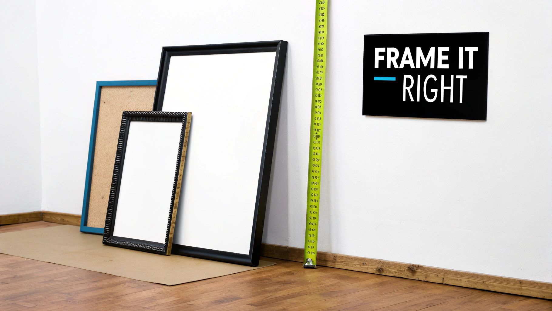 Empty picture frames leaning against a white wall, with a measuring tape and a 'FRAME IT RIGHT' sign.