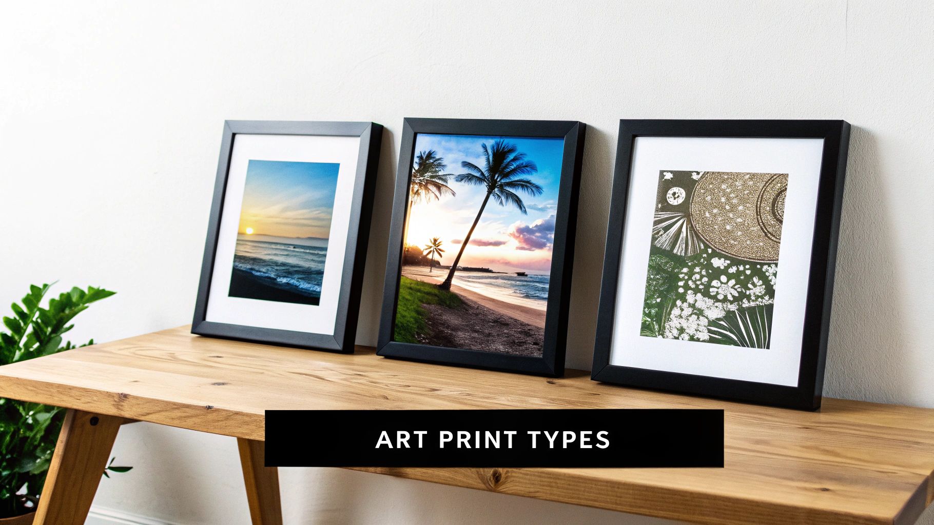 A colourful contemporary art print hanging on a white wall above a wooden sideboard with decorative items.