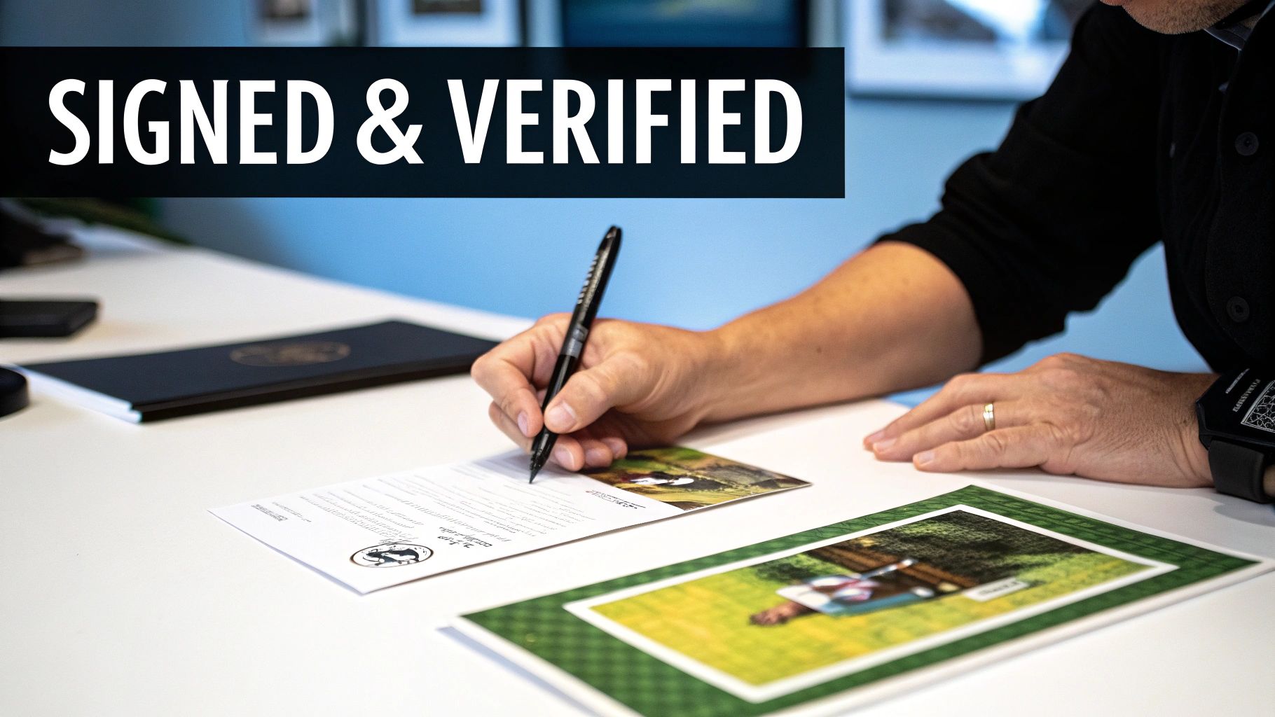 A signed limited edition print being carefully inspected.