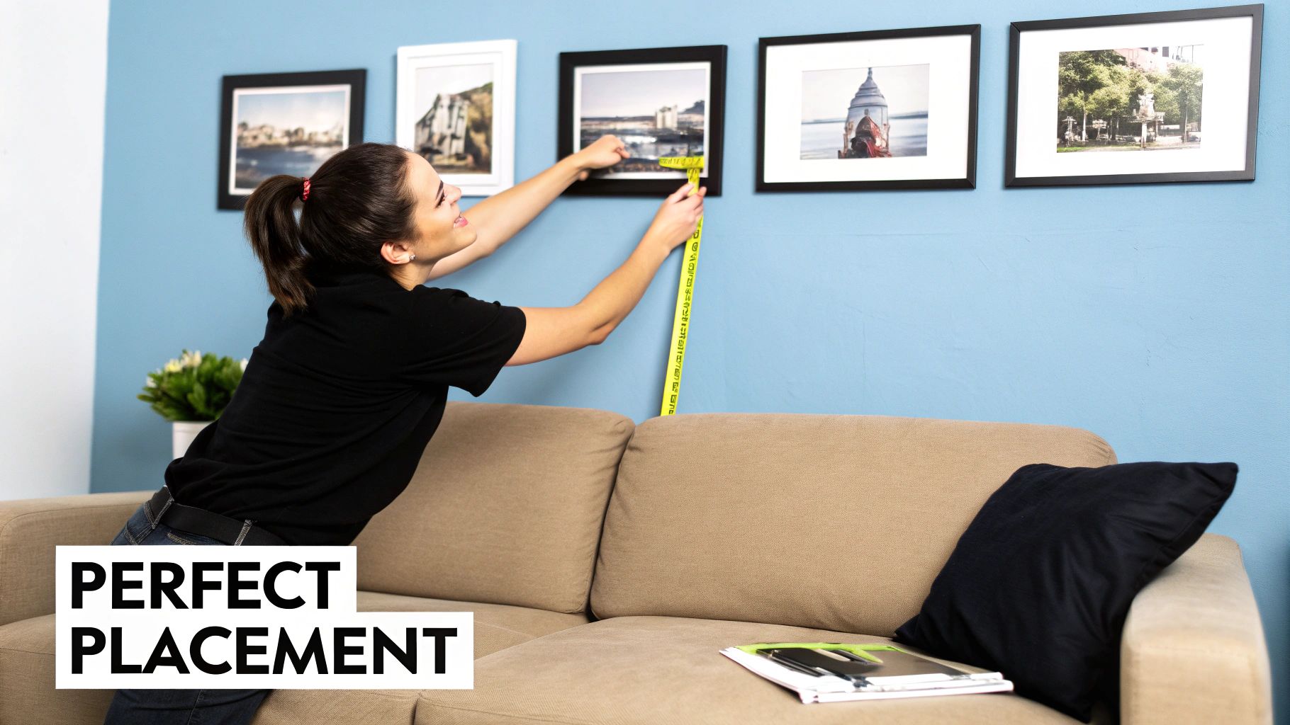 Stylish prints arranged above a living room sofa.